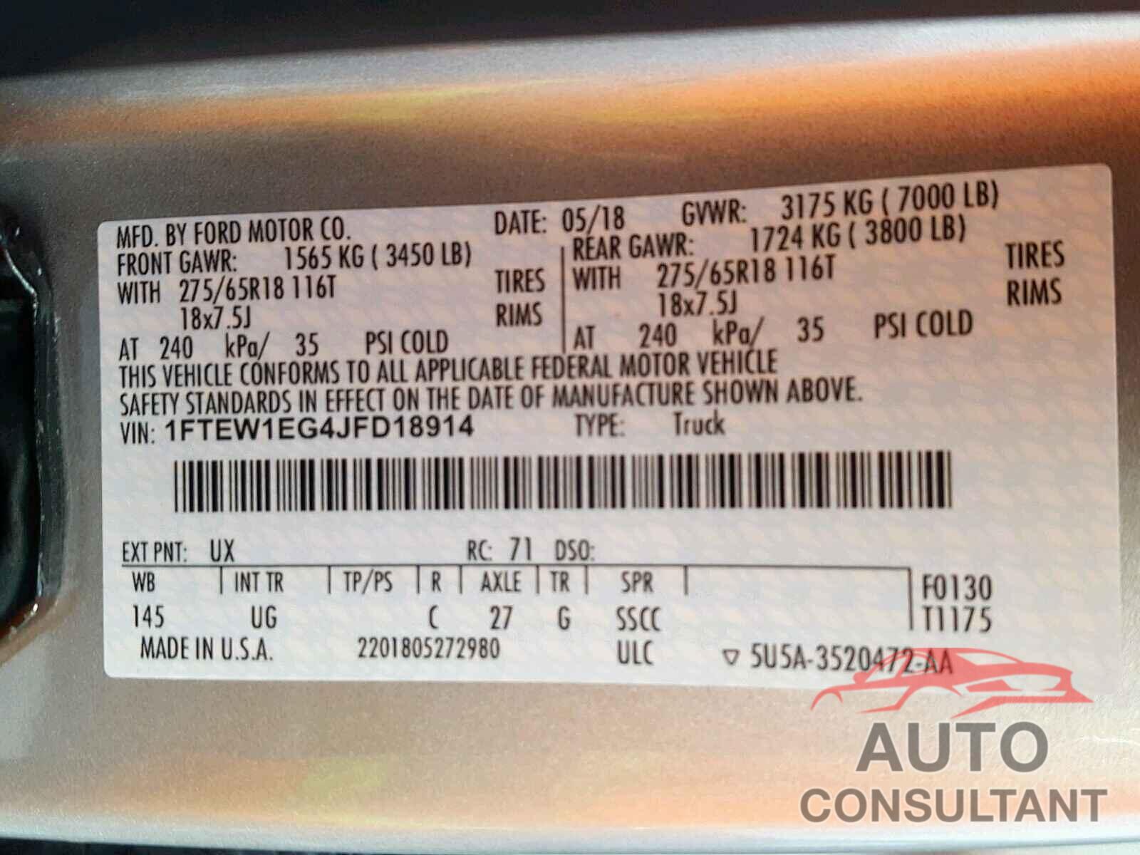 FORD F150 SUPER 2018 - 1FTEW1EG4JFD18914
