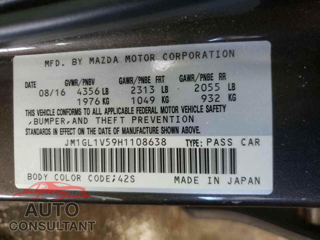 MAZDA 6 2017 - JM1GL1V59H1108638