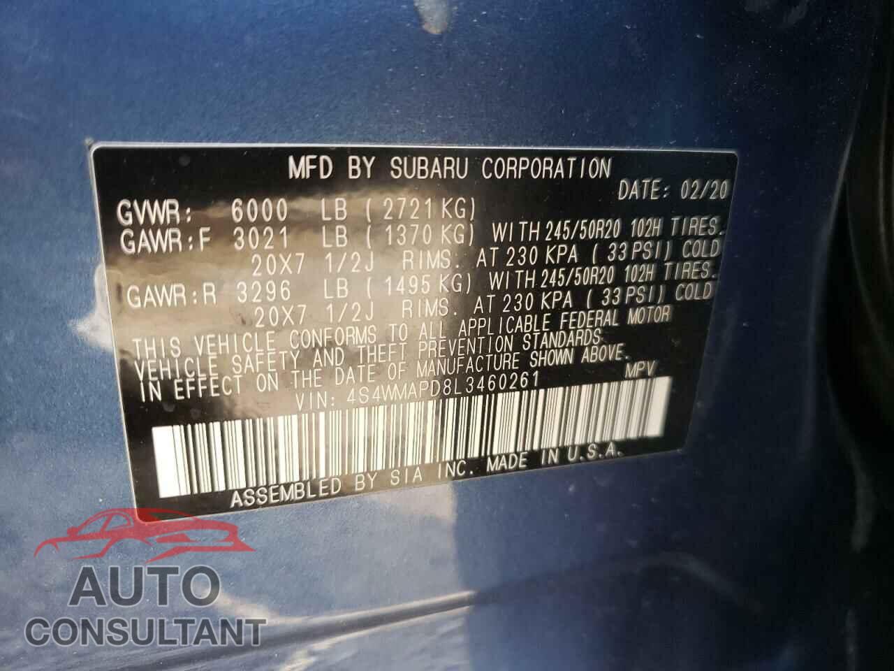 SUBARU ASCENT 2020 - 4S4WMAPD8L3460261