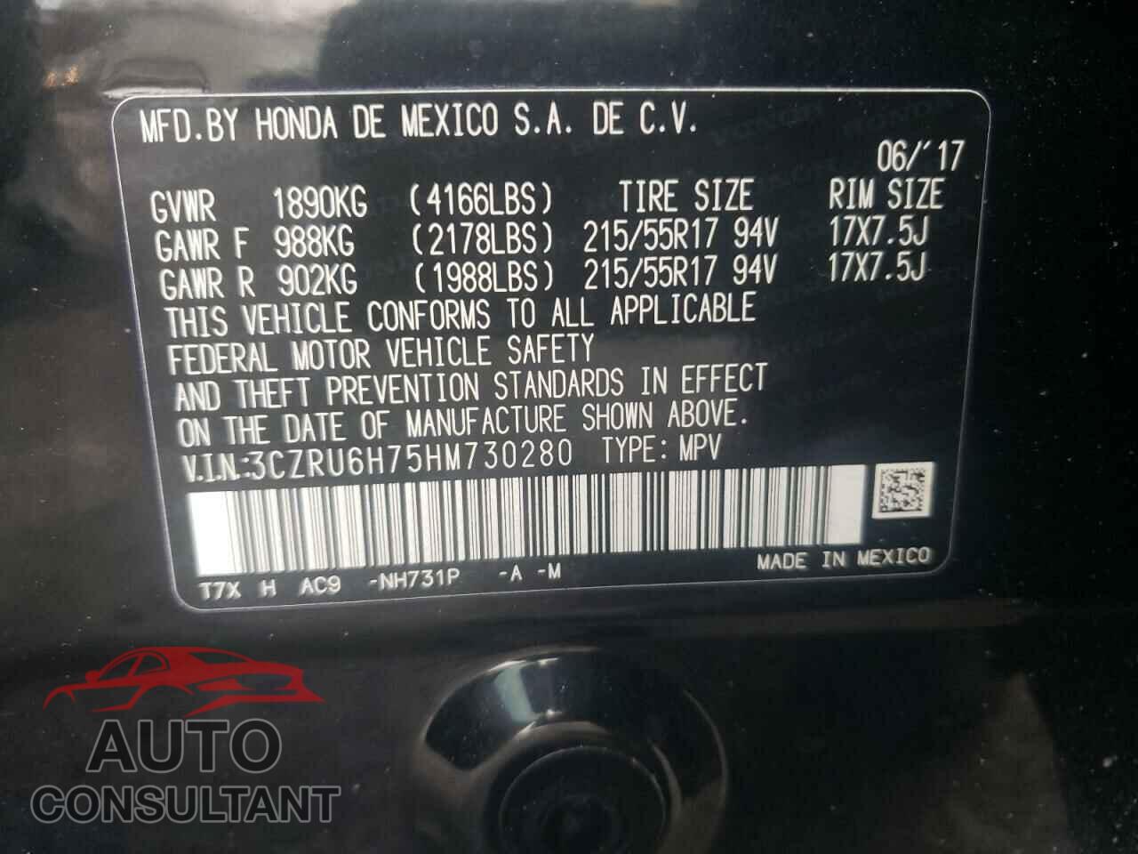 HONDA HR-V 2017 - 3CZRU6H75HM730280