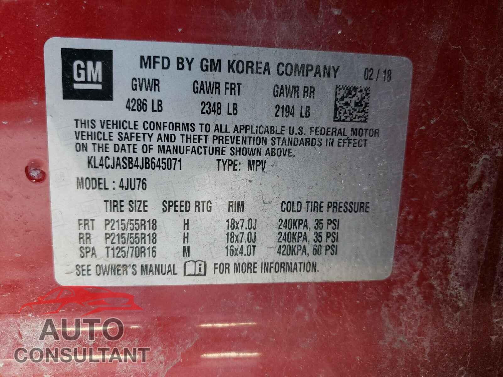 BUICK ENCORE 2018 - KL4CJASB4JB645071