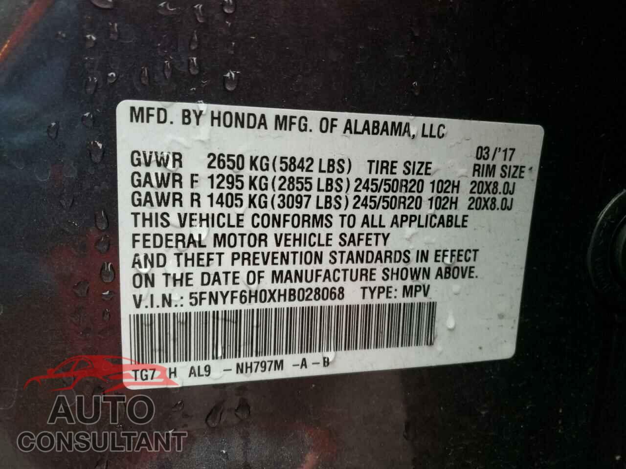HONDA PILOT 2017 - 5FNYF6H0XHB028068