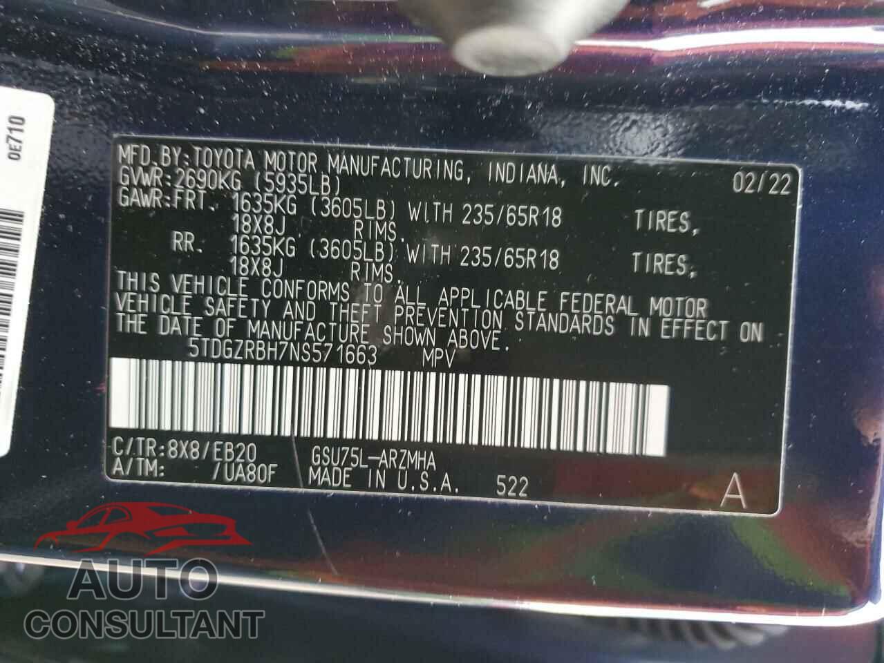 TOYOTA HIGHLANDER 2022 - 5TDGZRBH7NS571663