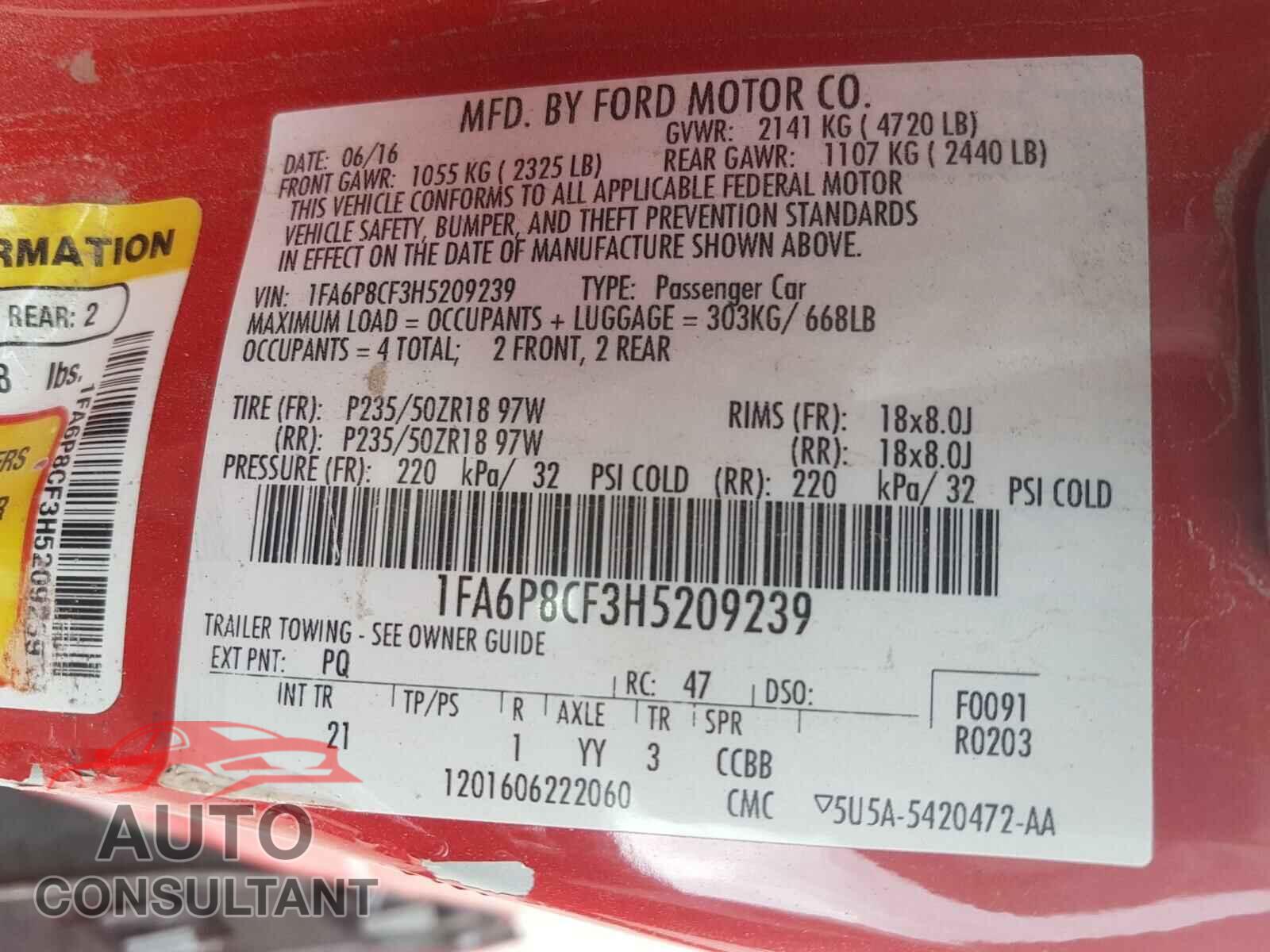 FORD MUSTANG 2017 - 1FA6P8CF3H5209239