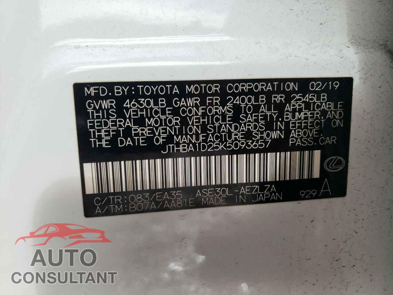 LEXUS IS 2019 - JTHBA1D25K5093657