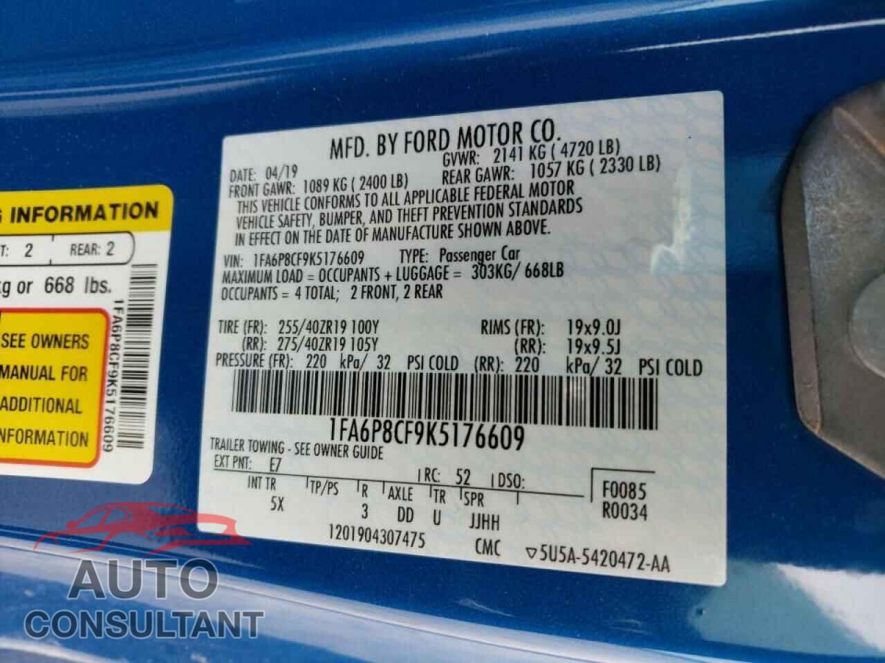 FORD MUSTANG 2019 - 1FA6P8CF9K5176609