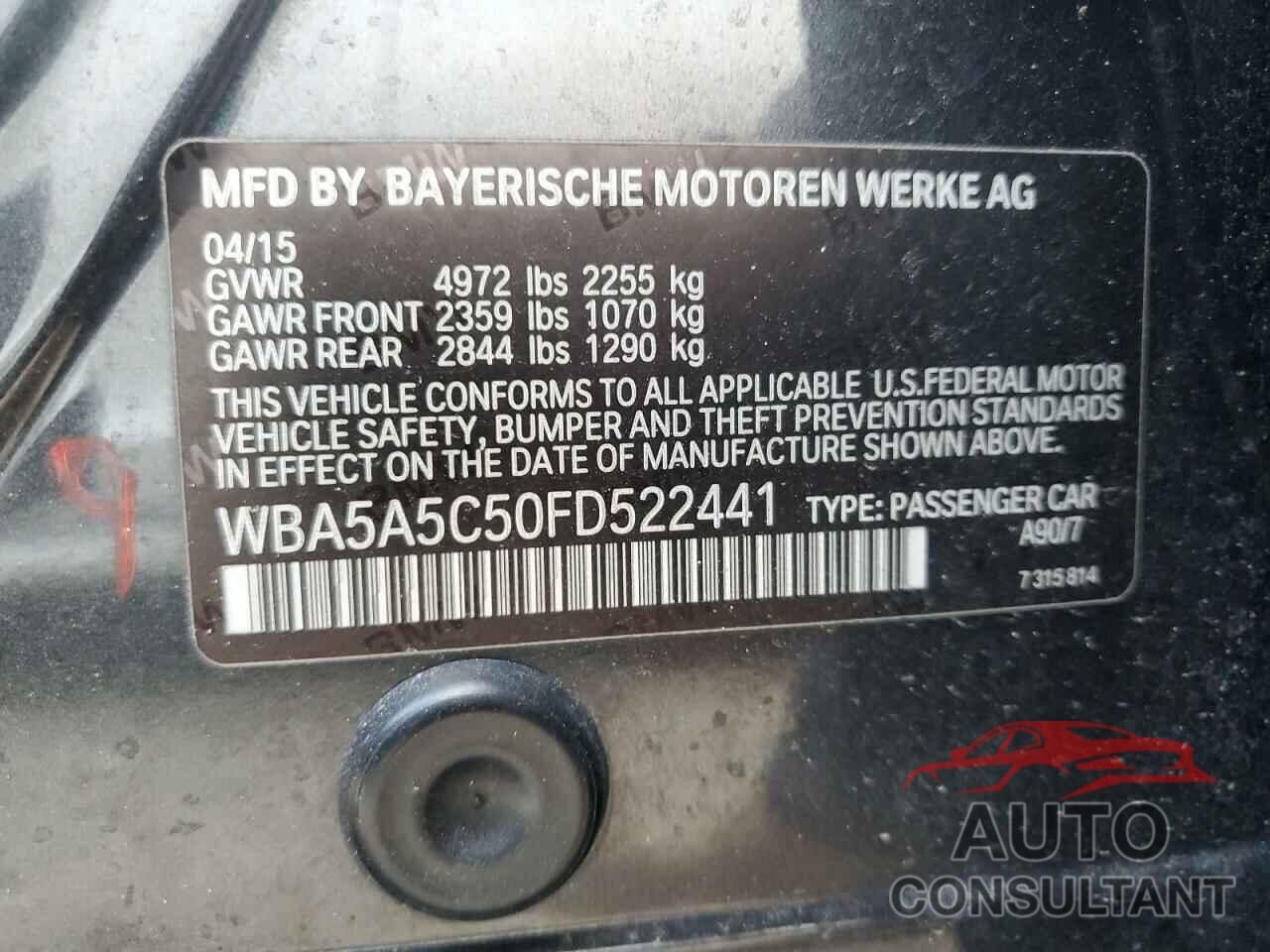 BMW 5 SERIES 2015 - WBA5A5C50FD522441