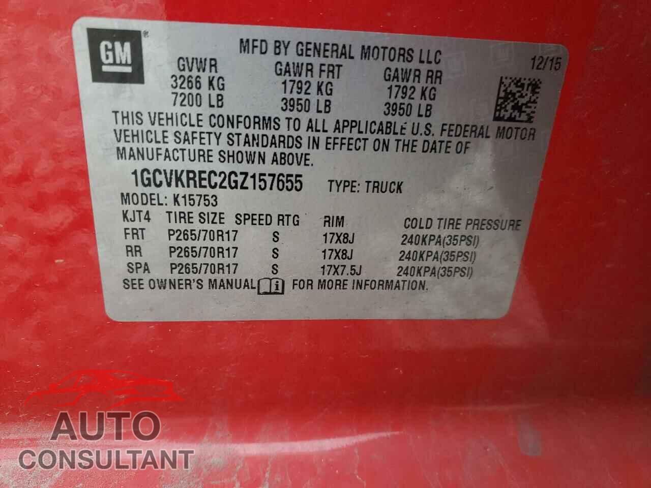 CHEVROLET SILVERADO 2016 - 1GCVKREC2GZ157655
