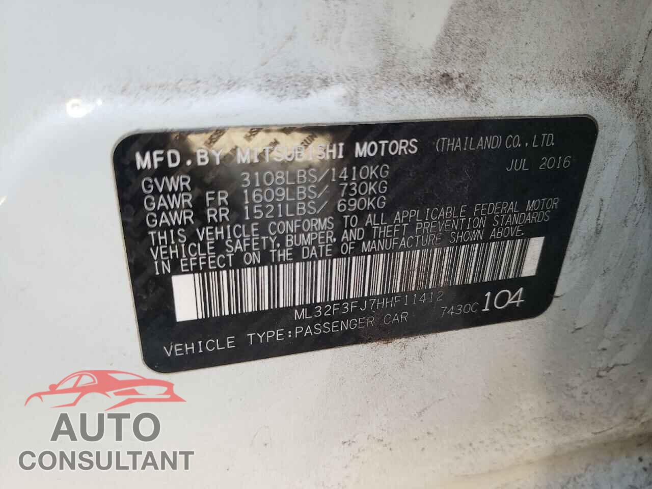 MITSUBISHI MIRAGE 2017 - ML32F3FJ7HHF11412