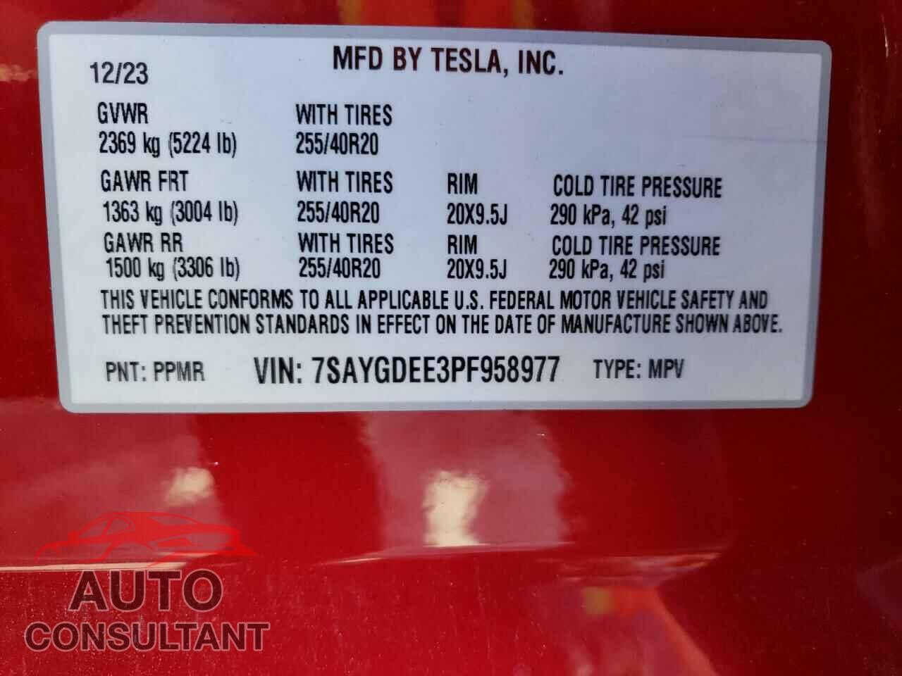TESLA MODEL Y 2023 - 7SAYGDEE3PF958977
