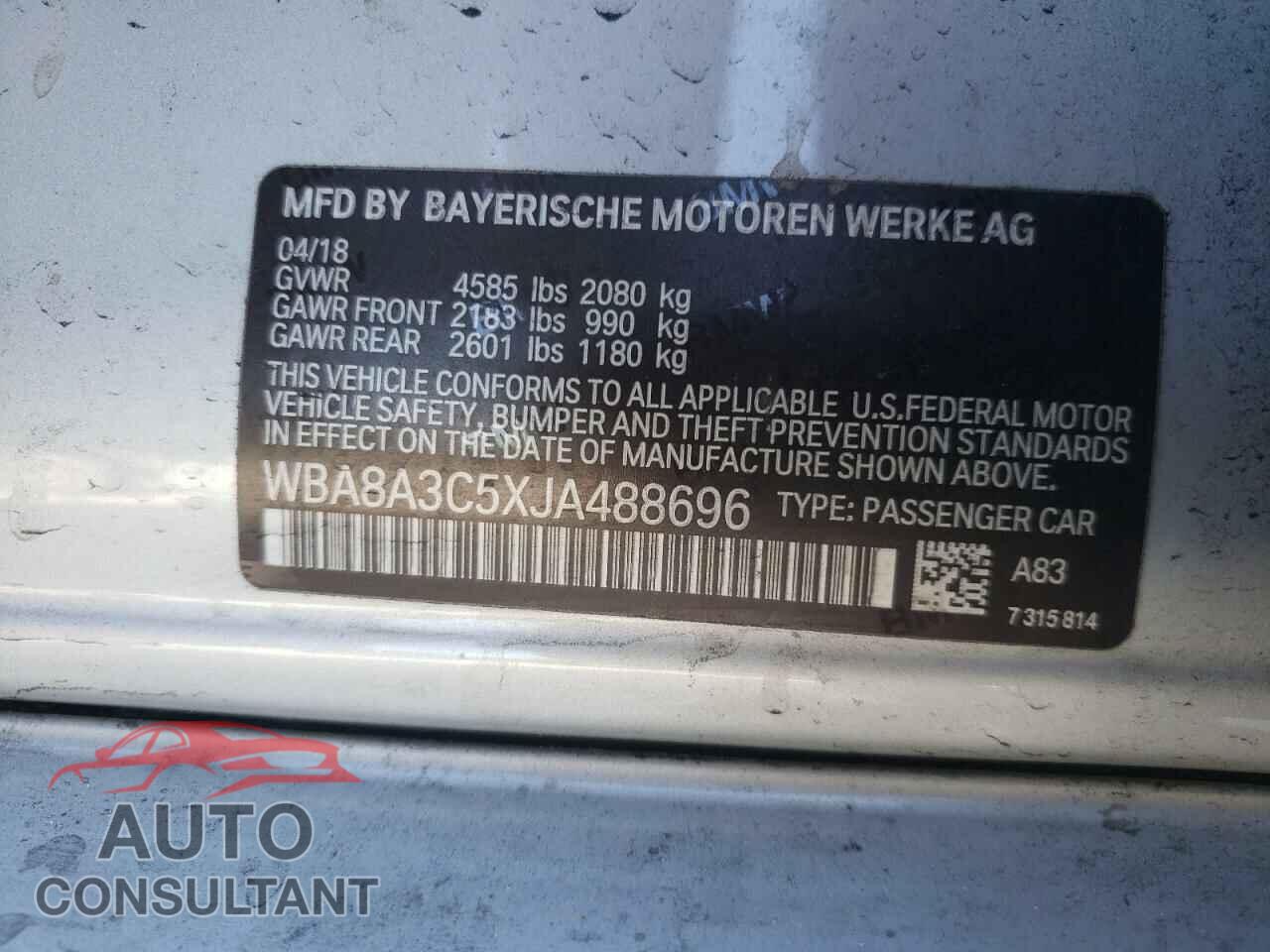 BMW 3 SERIES 2018 - WBA8A3C5XJA488696