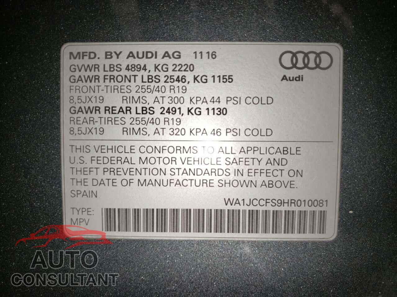 AUDI Q3 2017 - WA1JCCFS9HR010081