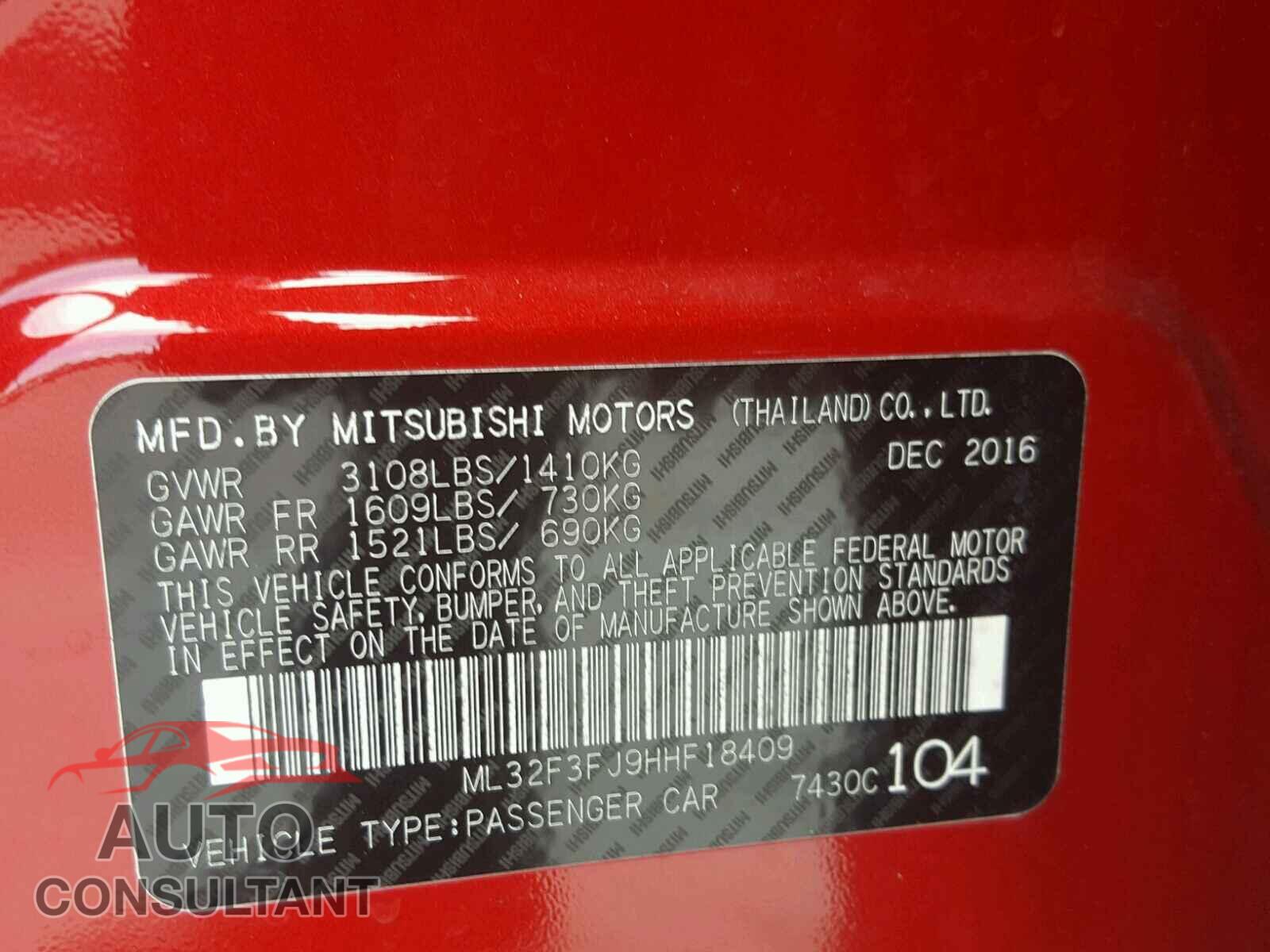MITSUBISHI MIRAGE 2017 - ML32F3FJ9HHF18409