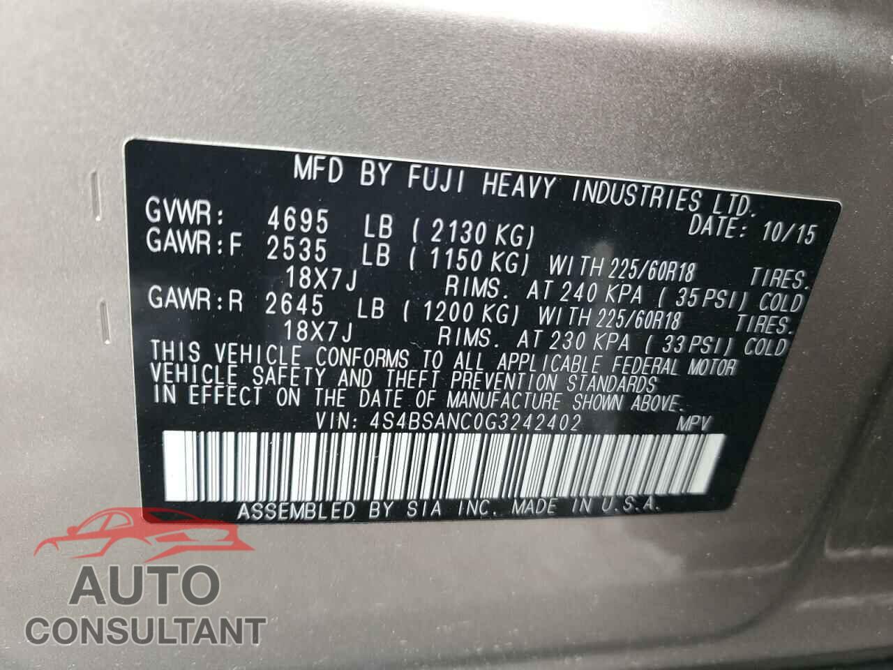 SUBARU OUTBACK 2016 - 4S4BSANC0G3242402