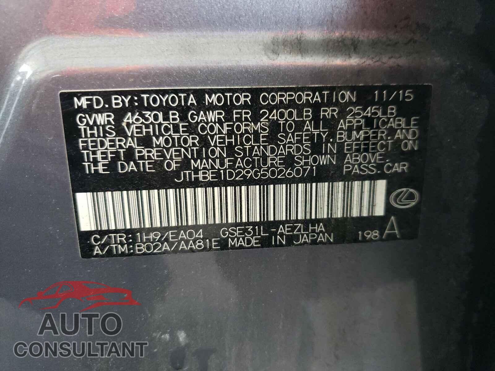LEXUS IS 2016 - JTHBE1D29G5026071