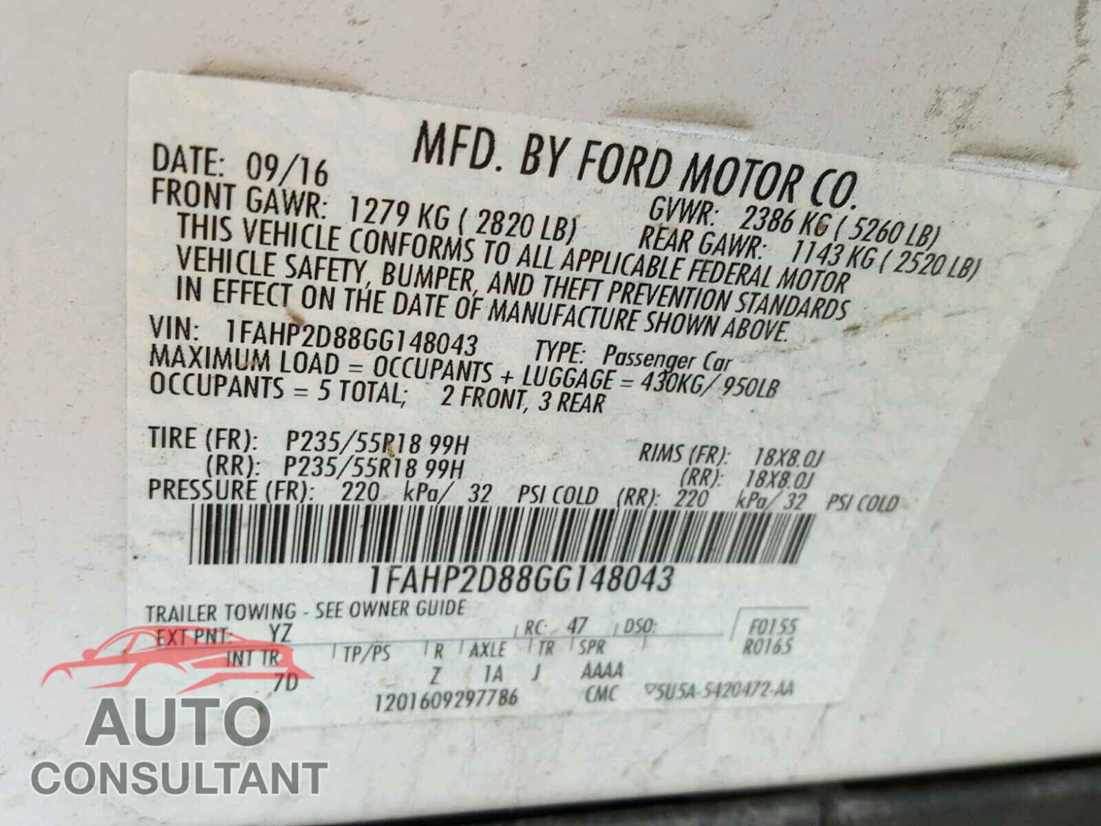 FORD TAURUS 2016 - 1FAHP2D88GG148043
