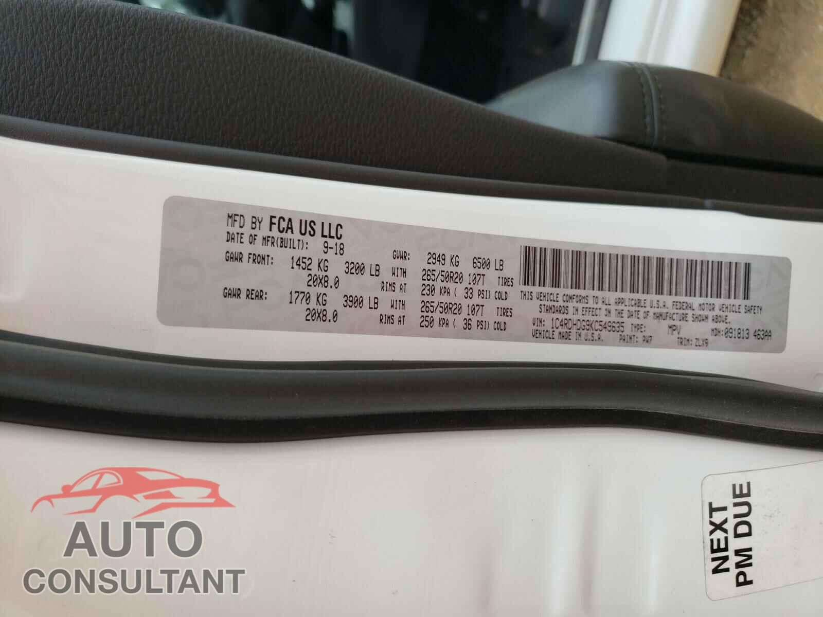 DODGE DURANGO 2019 - 1C4RDHDG9KC549635