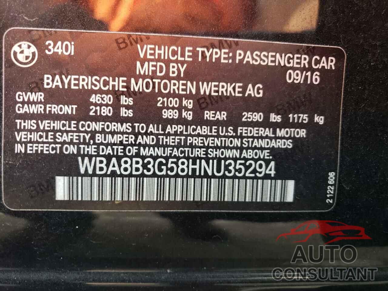 BMW 3 SERIES 2017 - WBA8B3G58HNU35294