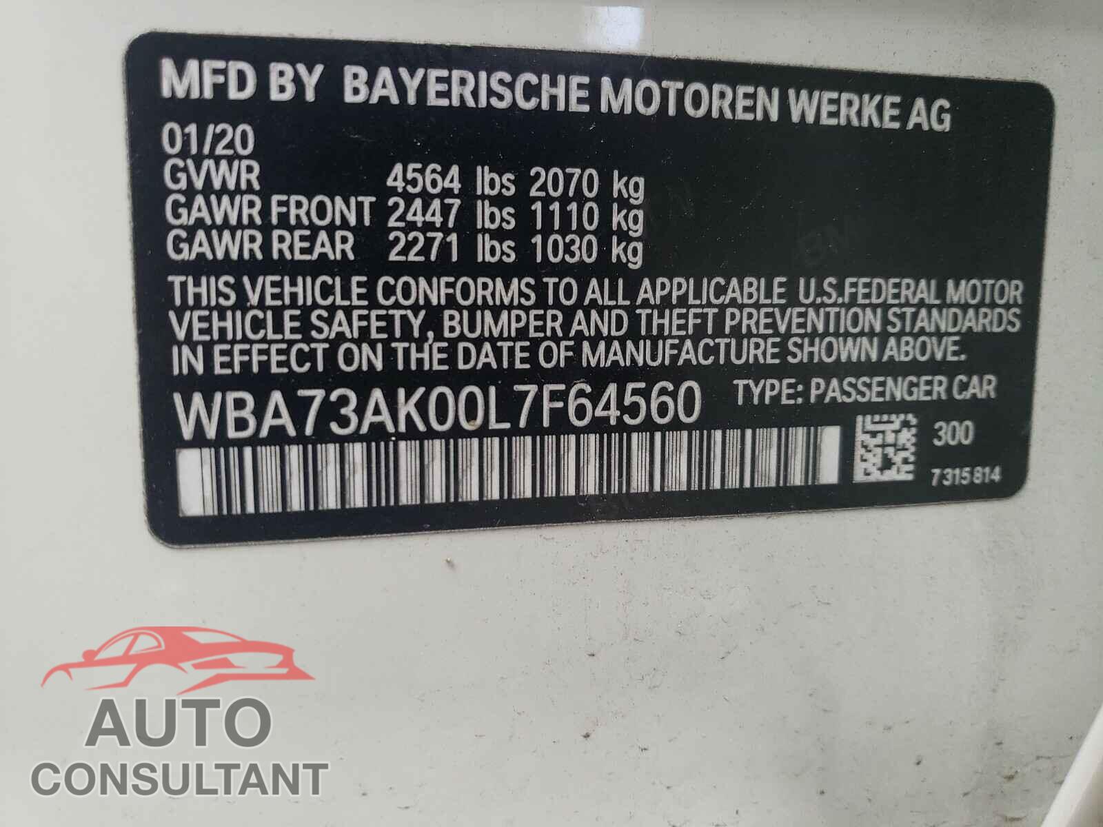 BMW 2 SERIES 2020 - WBA73AK00L7F64560