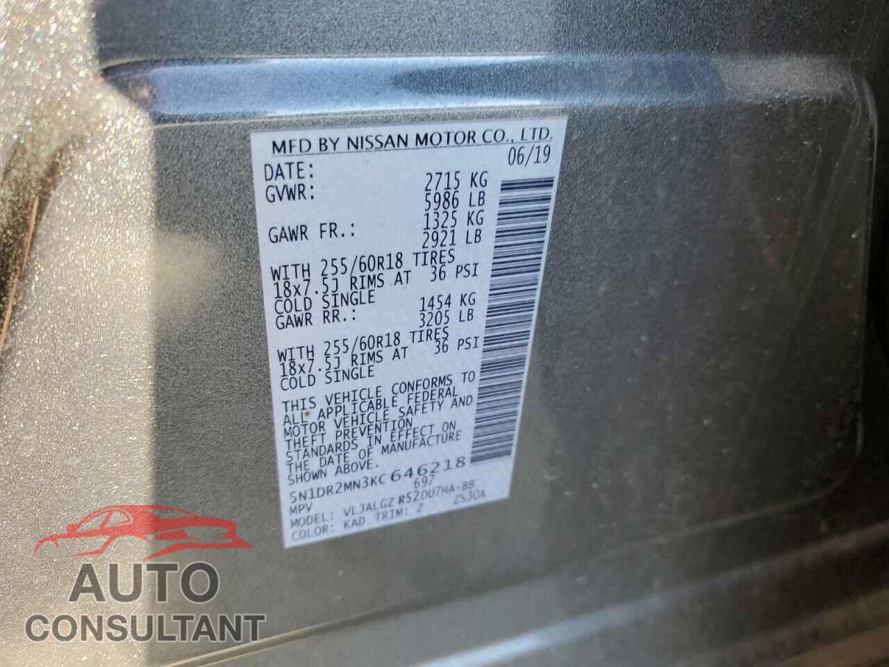 NISSAN PATHFINDER 2019 - 5N1DR2MN3KC646218