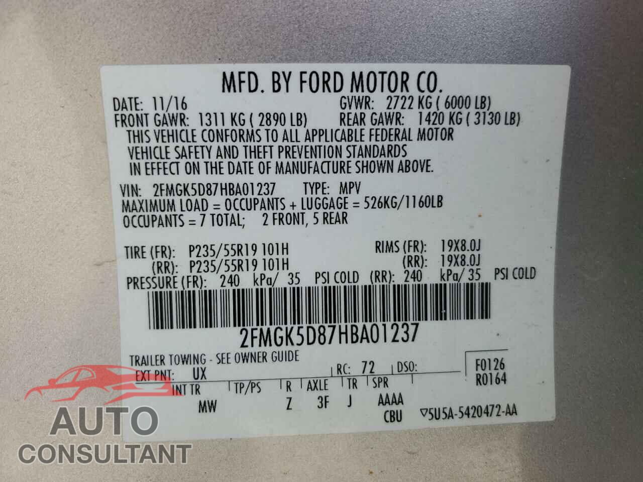 FORD FLEX 2017 - 2FMGK5D87HBA01237