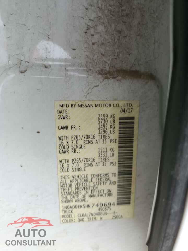 NISSAN FRONTIER 2017 - 1N6AD0ER5HN749694