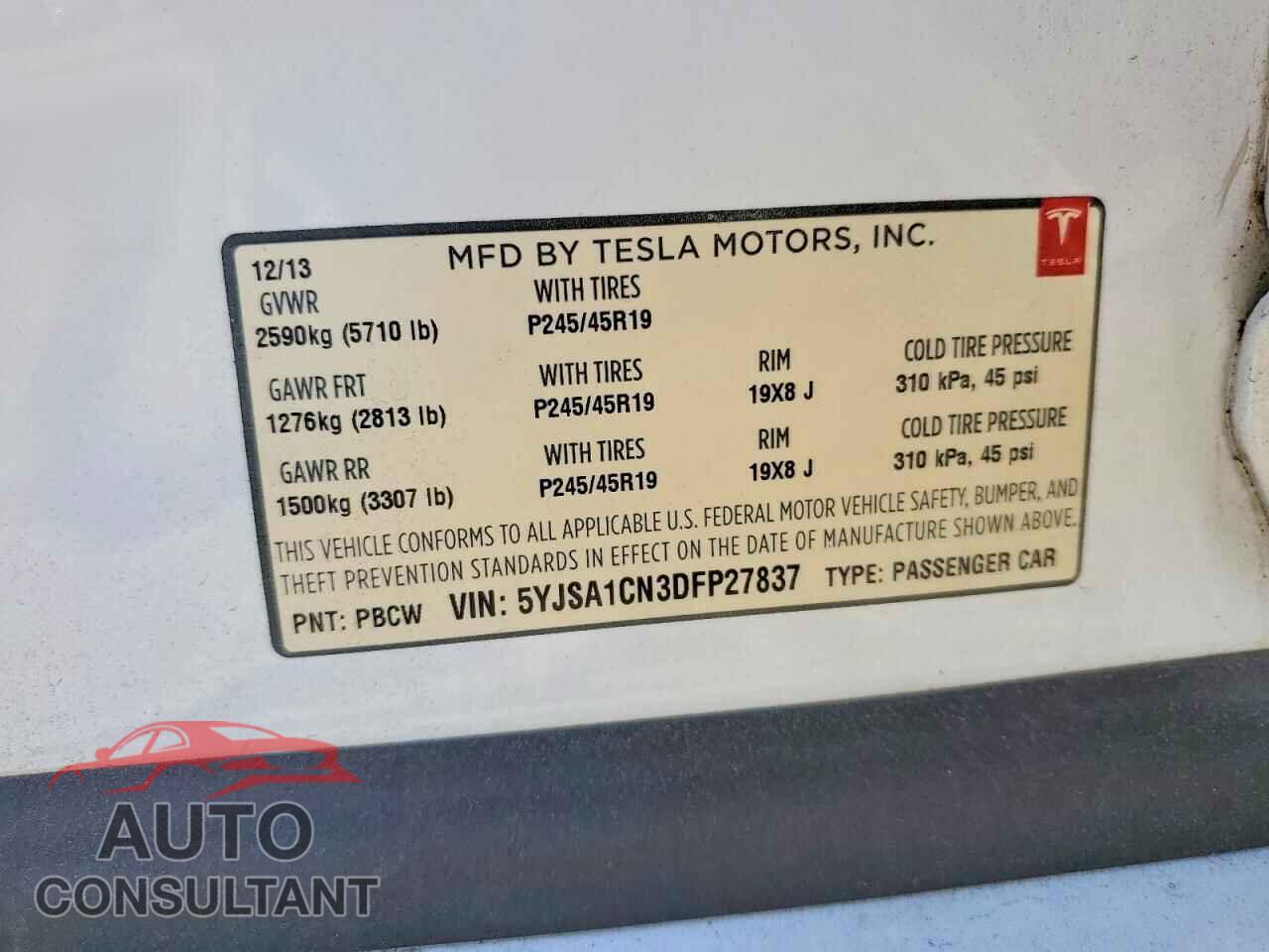 TESLA MODEL S 2013 - 5YJSA1CN3DFP27837