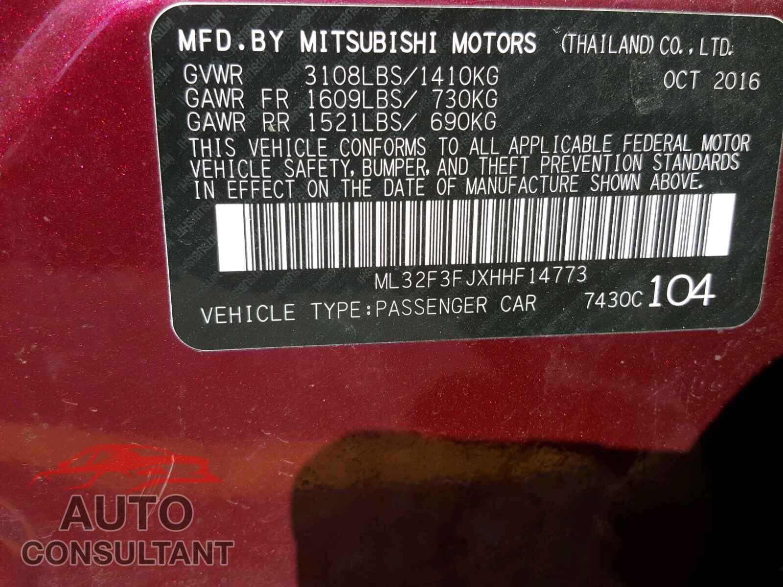 MITSUBISHI MIRAGE 2017 - ML32F3FJXHHF14773