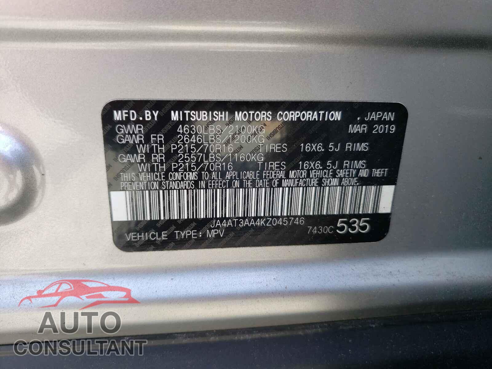 MITSUBISHI ECLIPSE 2019 - JA4AT3AA4KZ045746