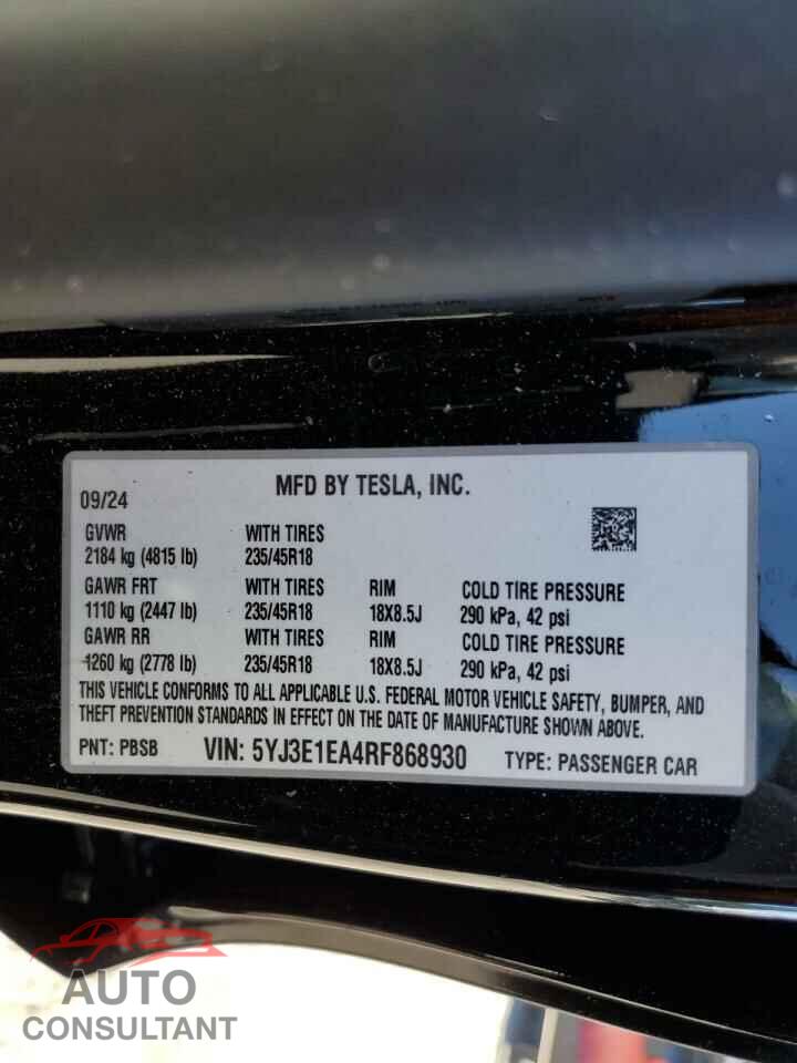 TESLA MODEL 3 2024 - 5YJ3E1EA4RF868930