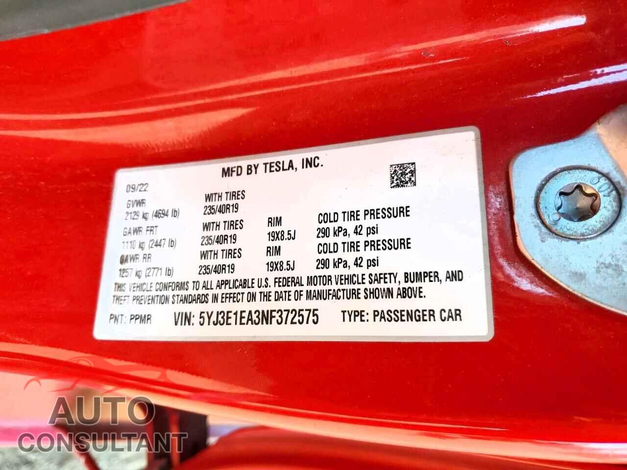TESLA MODEL 3 2022 - 5YJ3E1EA3NF372575