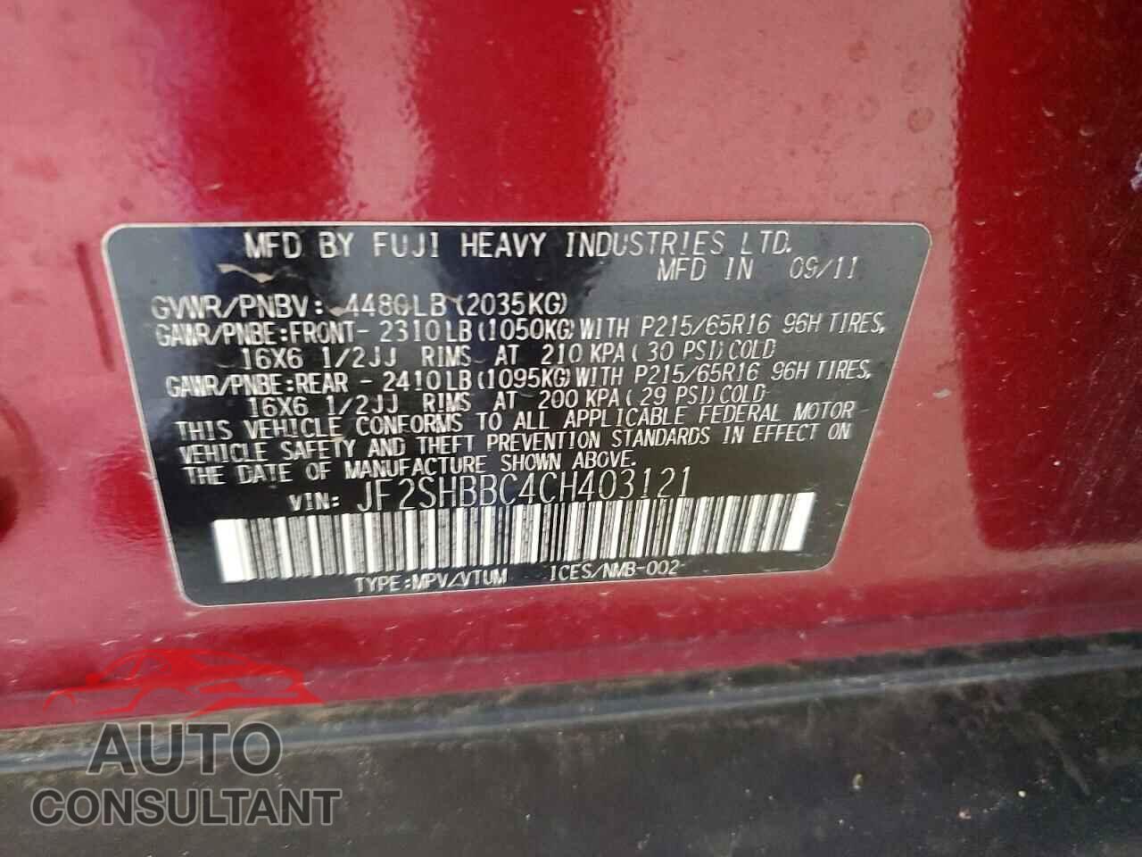 SUBARU FORESTER 2012 - JF2SHBBC4CH403121