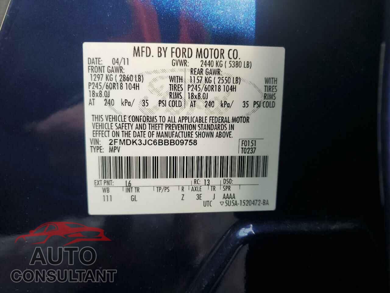 FORD EDGE 2011 - 2FMDK3JC6BBB09758