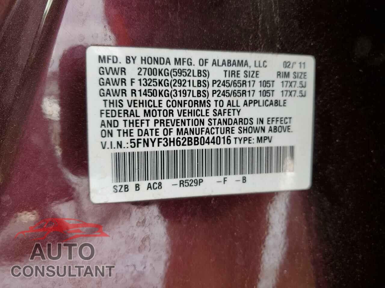 HONDA PILOT 2011 - 5FNYF3H62BB044016