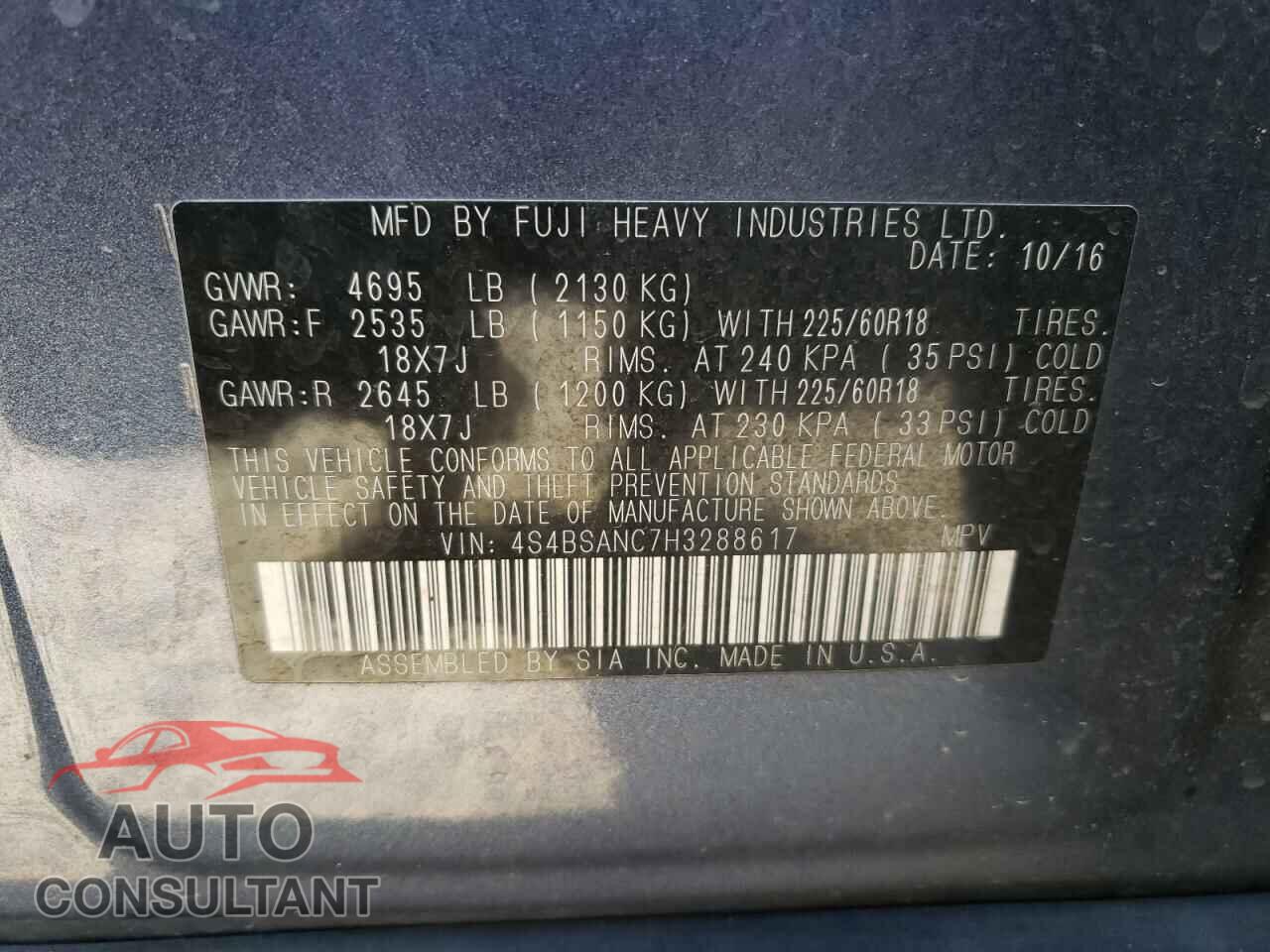 SUBARU OUTBACK 2017 - 4S4BSANC7H3288617