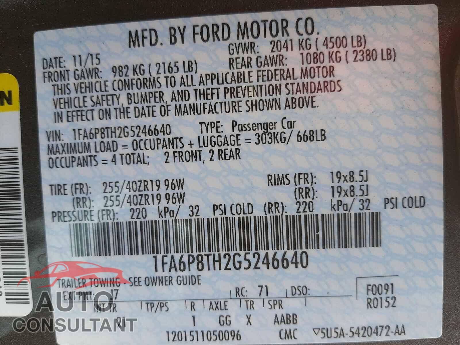 FORD MUSTANG 2016 - 1FA6P8TH2G5246640