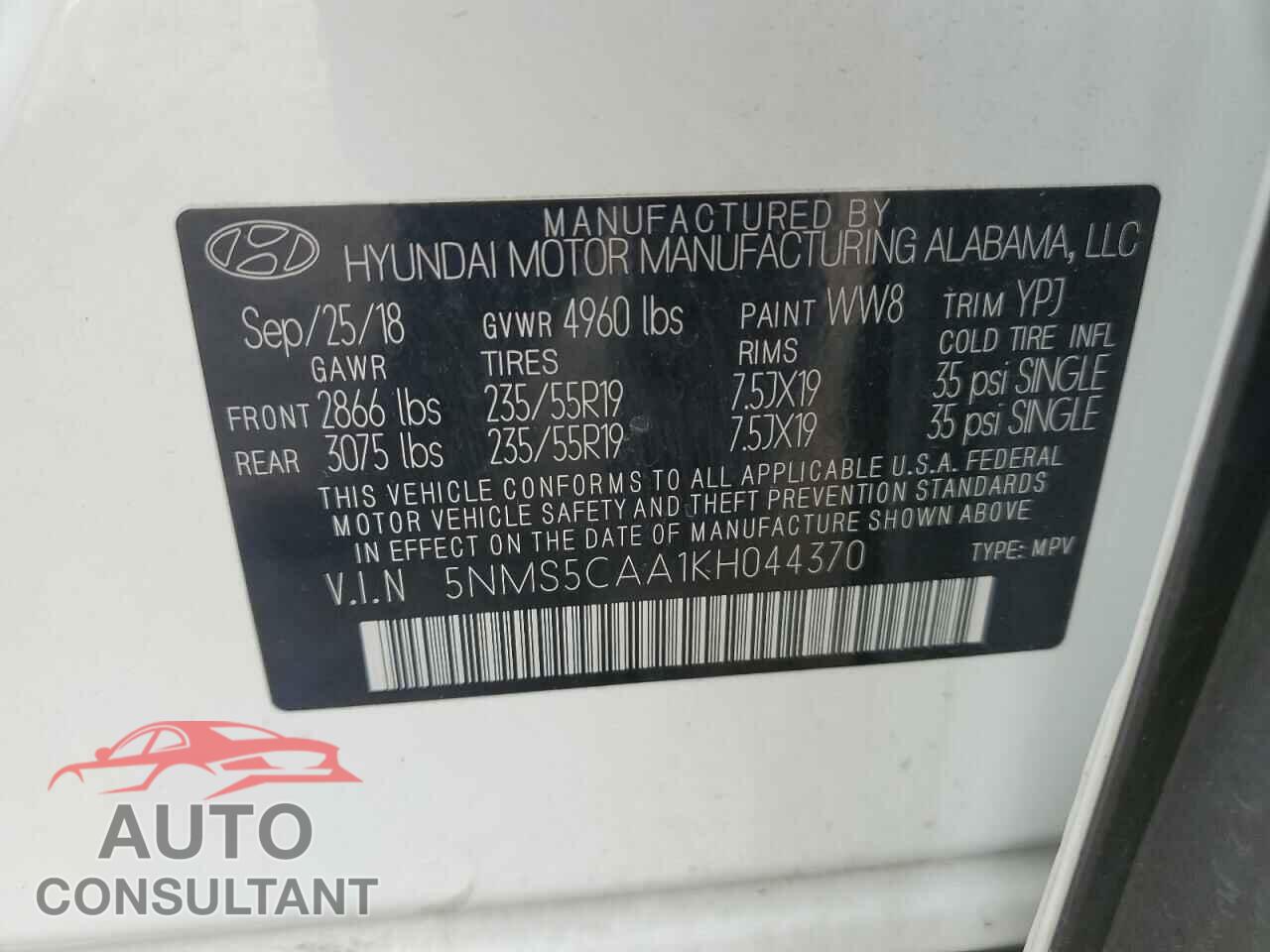 HYUNDAI SANTA FE 2019 - 5NMS5CAA1KH044370