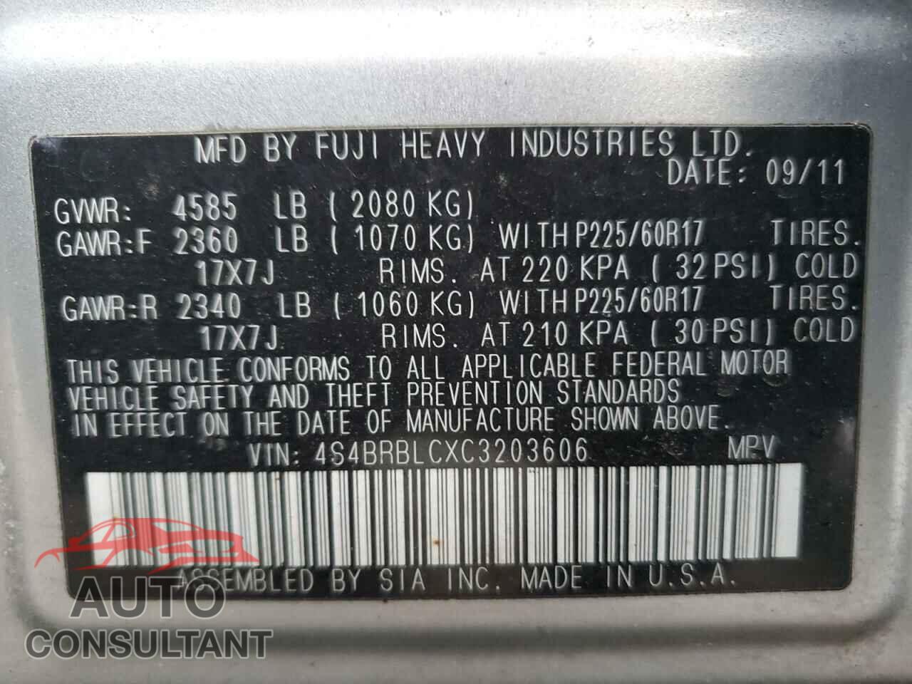 SUBARU OUTBACK 2012 - 4S4BRBLCXC3203606