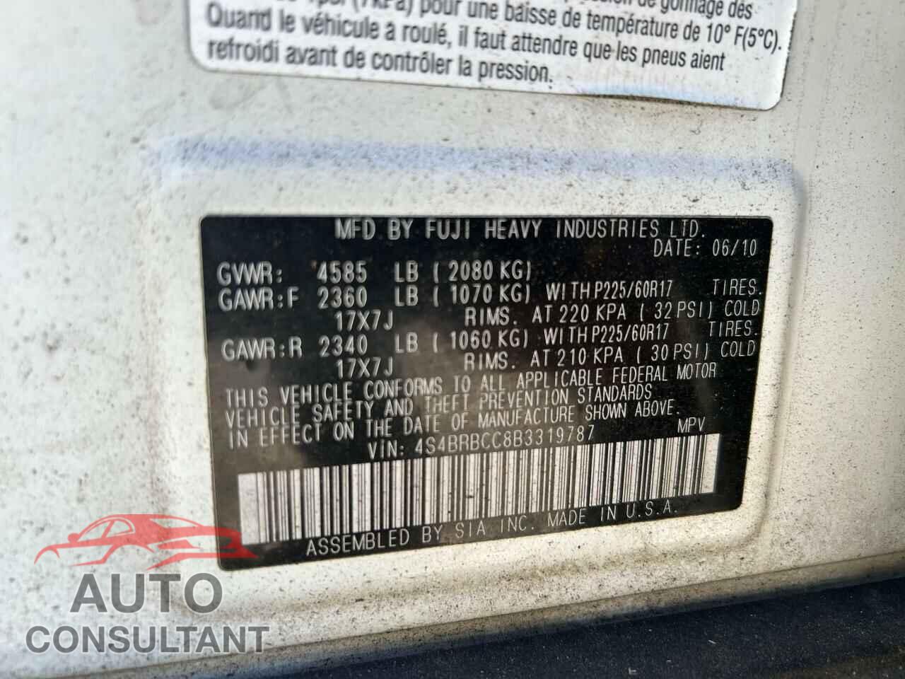 SUBARU OUTBACK 2011 - 4S4BRBCC8B3319787
