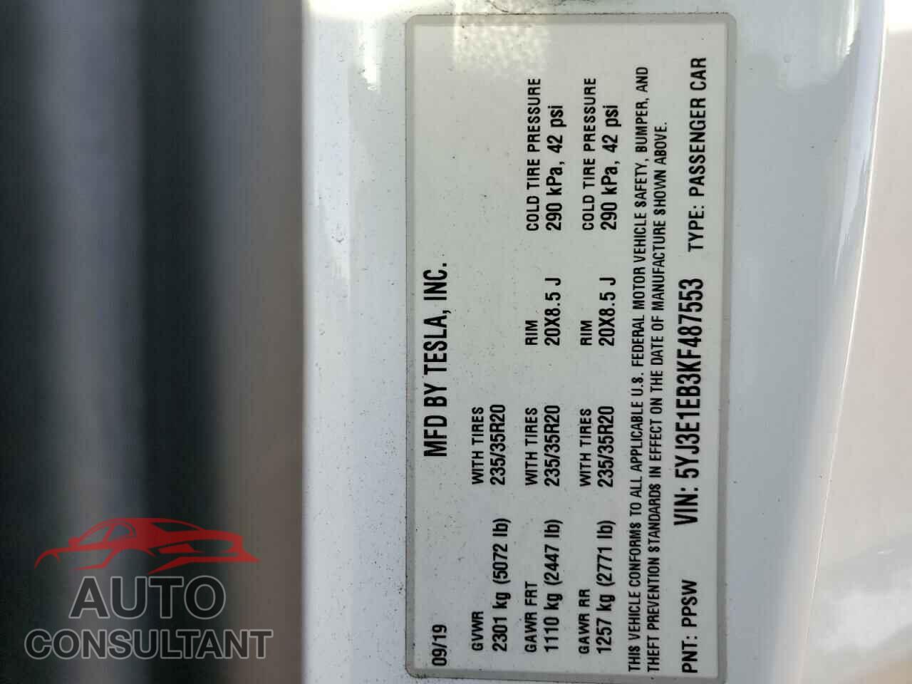 TESLA MODEL 3 2019 - 5YJ3E1EB3KF487553