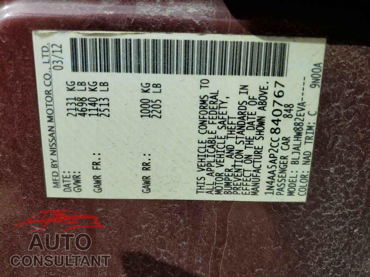 NISSAN MAXIMA 2012 - 1N4AA5AP2CC840767