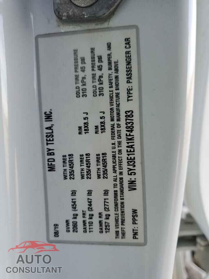 TESLA MODEL 3 2019 - 5YJ3E1EA1KF483783