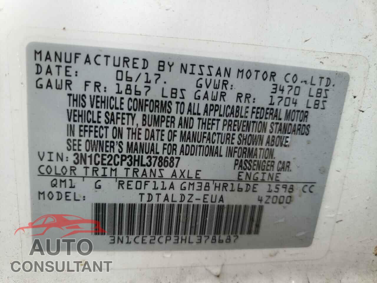 NISSAN VERSA 2017 - 3N1CE2CP3HL378687