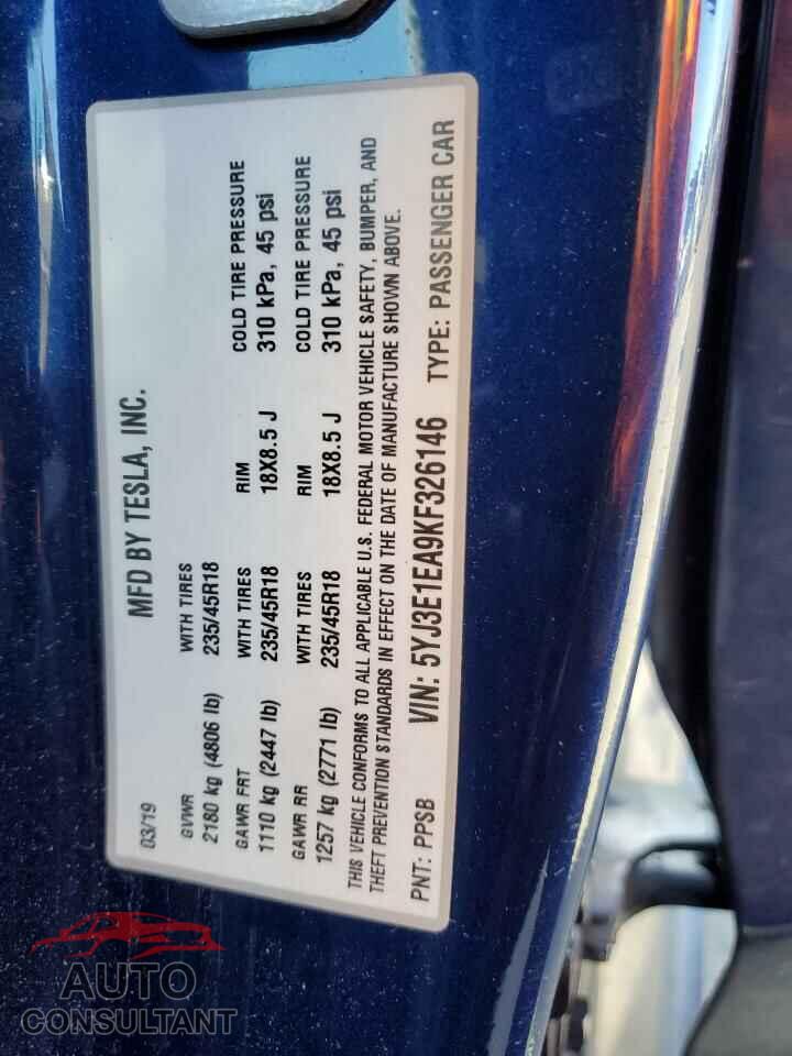 TESLA MODEL 3 2019 - 5YJ3E1EA9KF326146