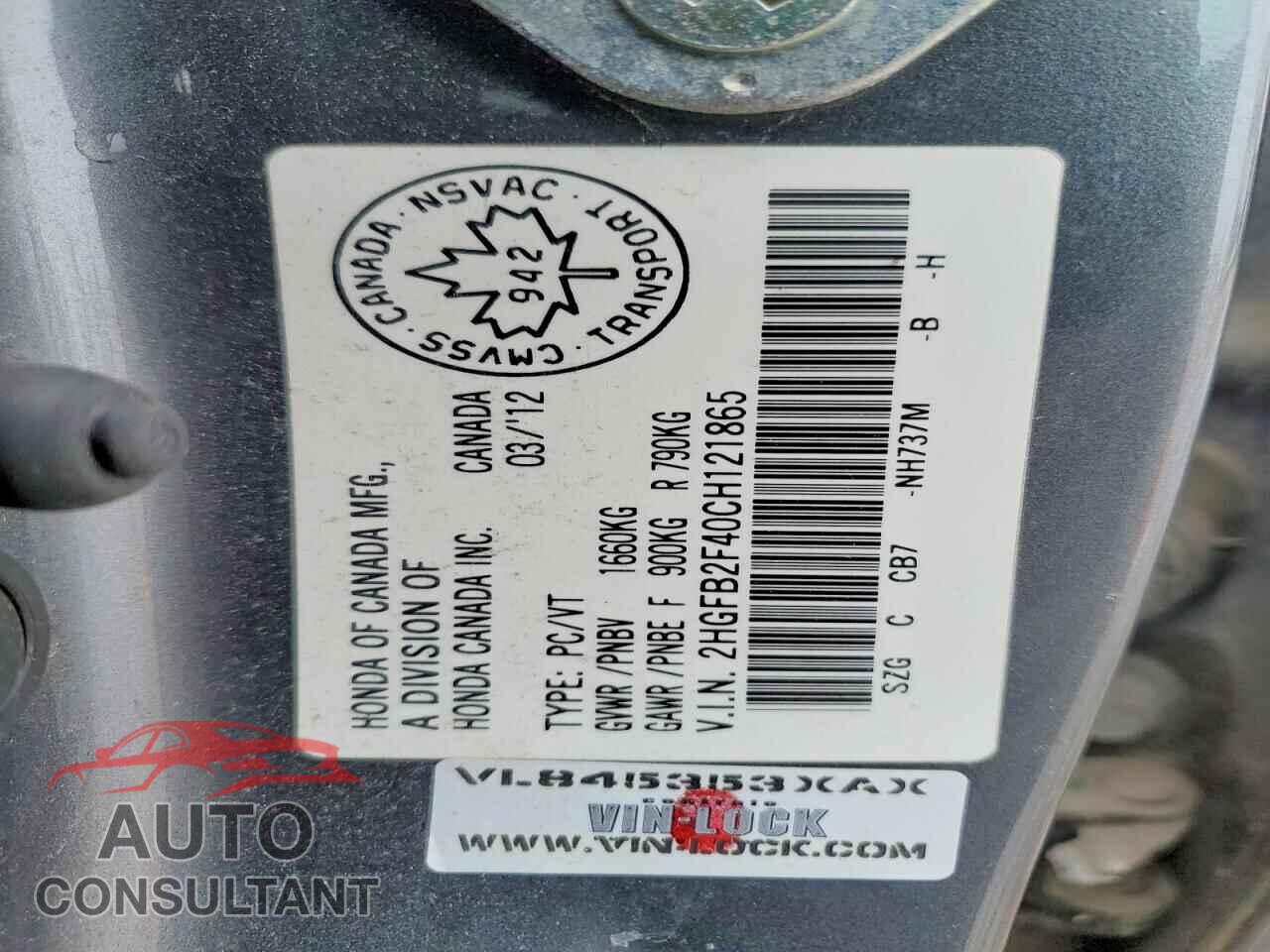 HONDA CIVIC 2012 - 2HGFB2F40CH121865