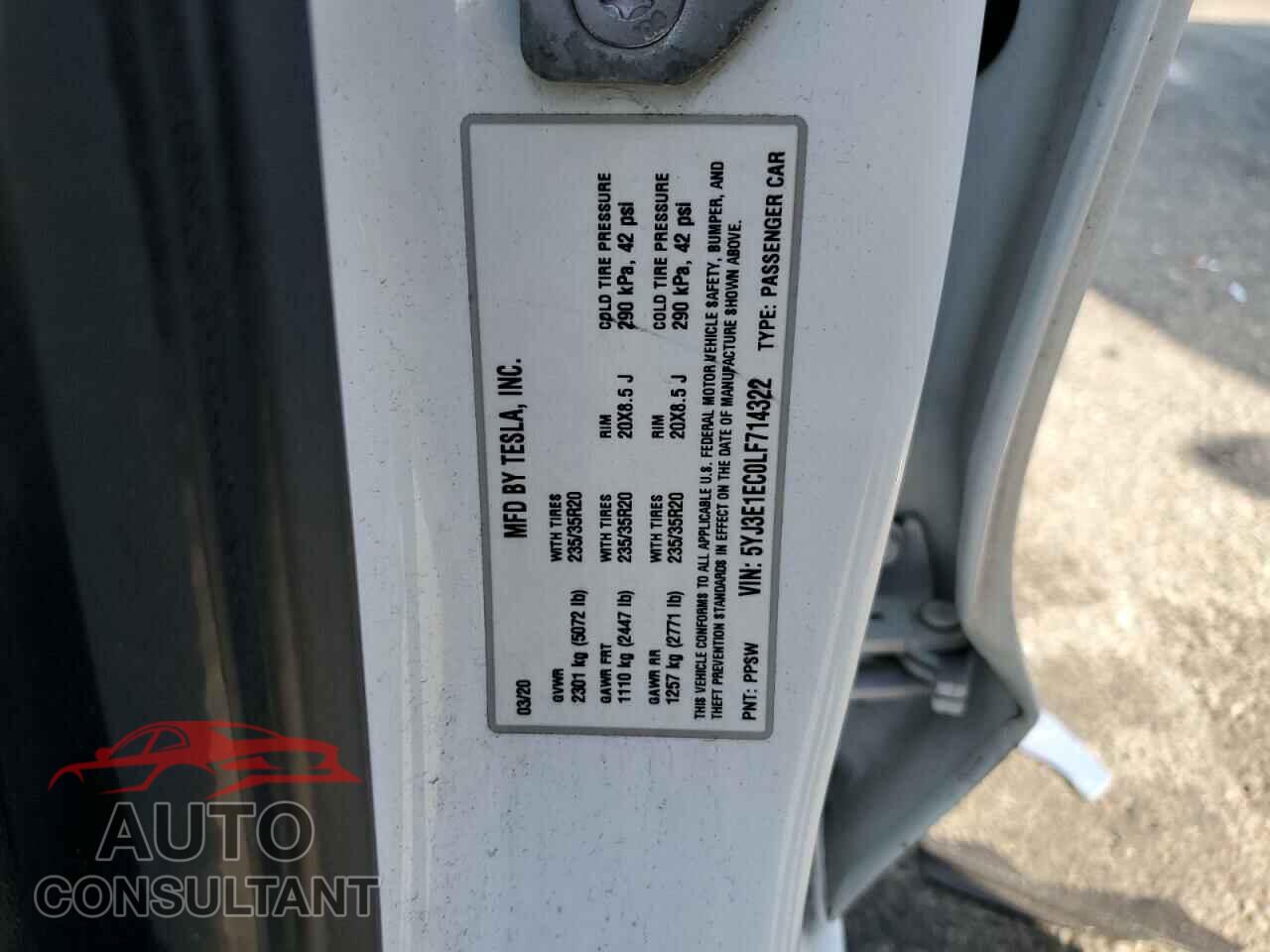 TESLA MODEL 3 2020 - 5YJ3E1EC0LF714322