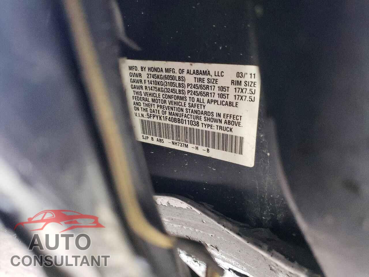 HONDA RIDGELINE 2011 - 5FPYK1F40BB011038