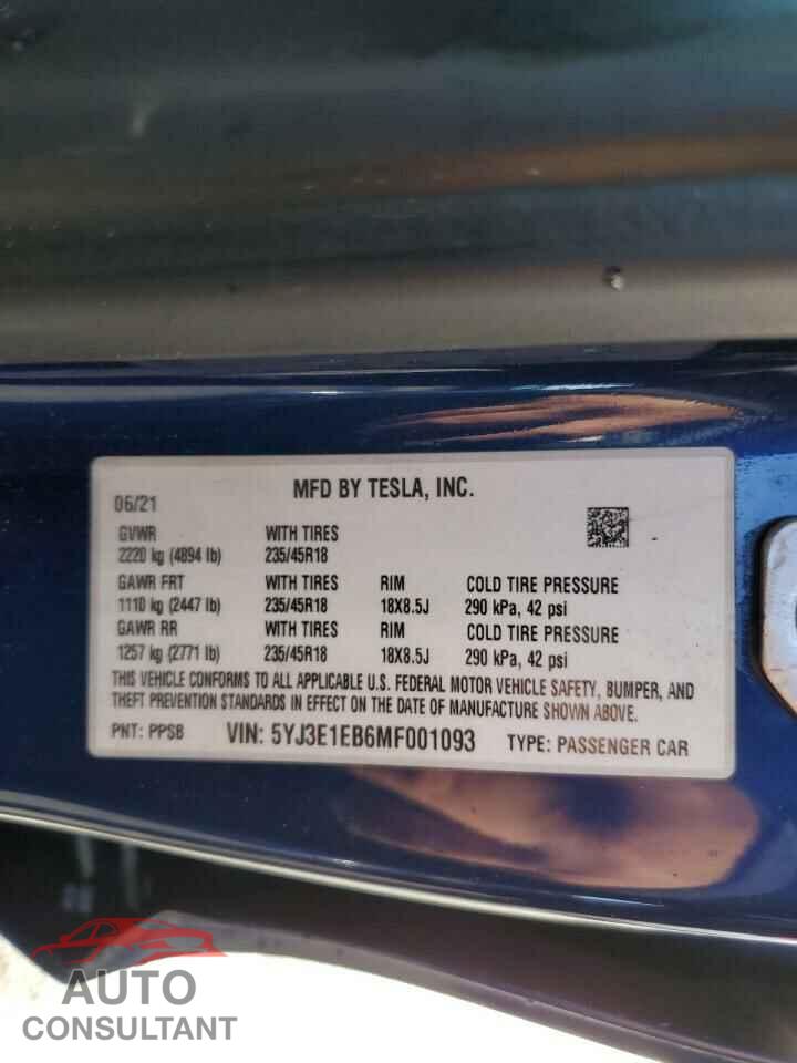 TESLA MODEL 3 2021 - 5YJ3E1EB6MF001093