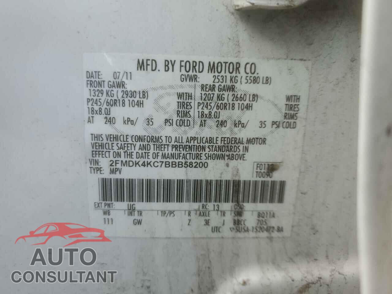 FORD EDGE 2011 - 2FMDK4KC7BBB58200