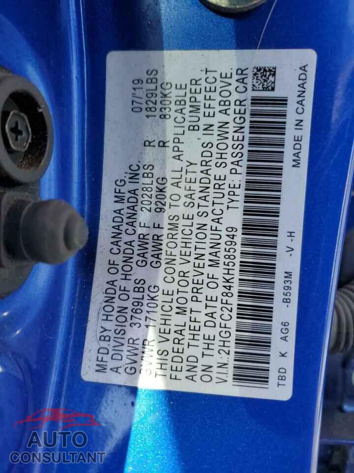 HONDA CIVIC 2019 - 2HGFC2F84KH585949